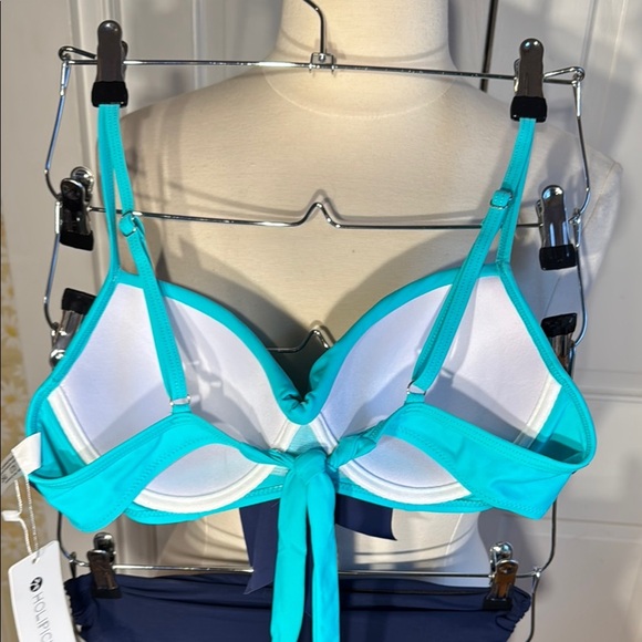 Super Cute Holypick Top & Gottex Bottom Teal/Navy Bikini Set Perforated Ruffle - Picture 9 of 15